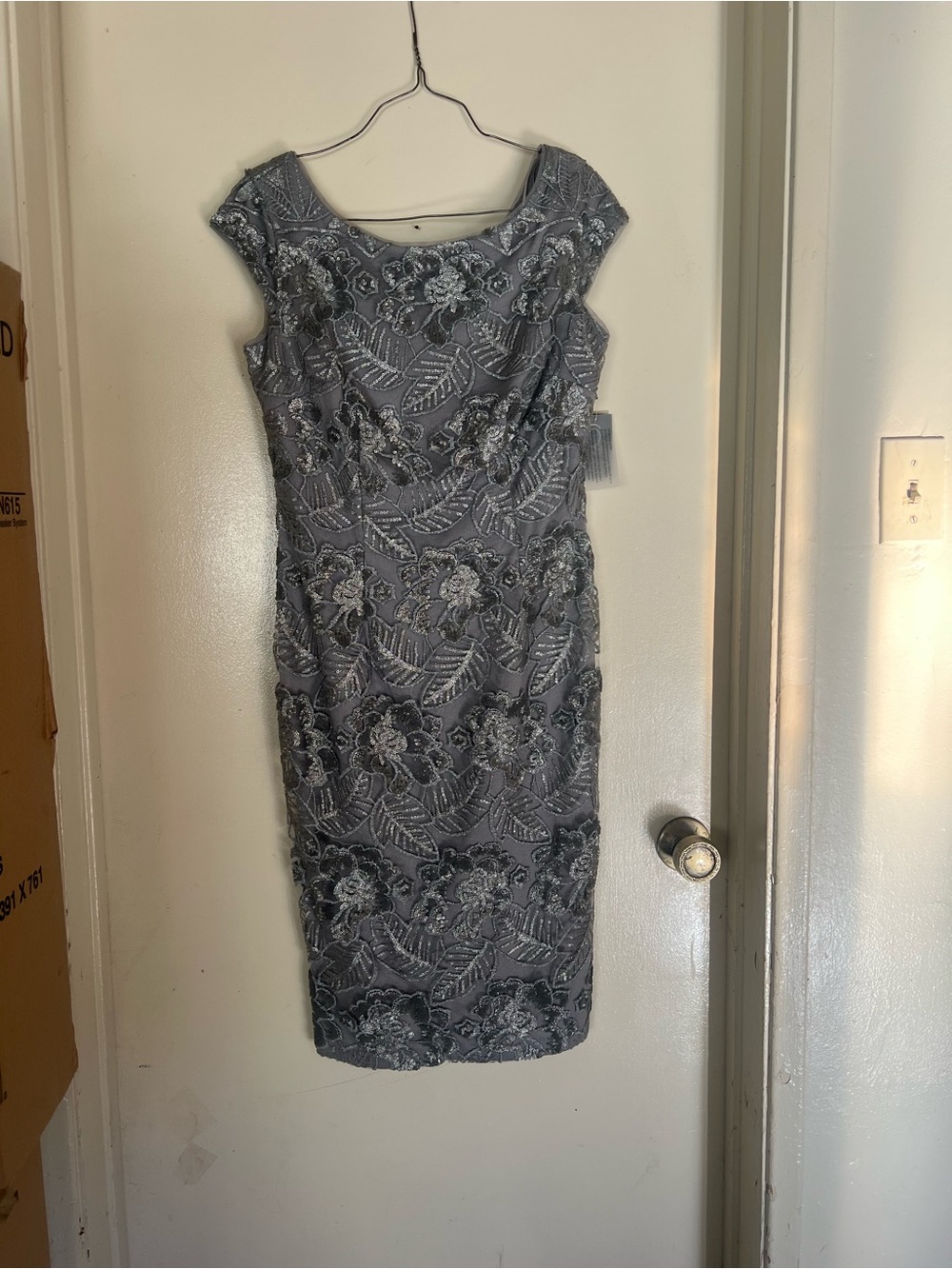 Alex Evenings Silver Gray Embroidered Midi Dress